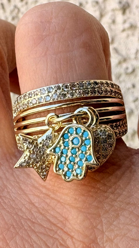 Anillo mano fatima estrella y corazón microcircones