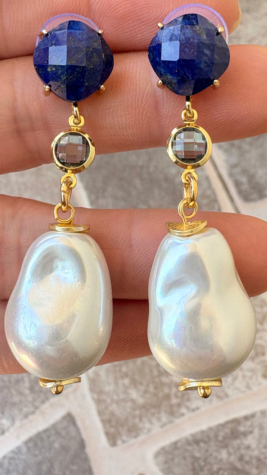 Aros Perla Barroca y lapislázuli cristal